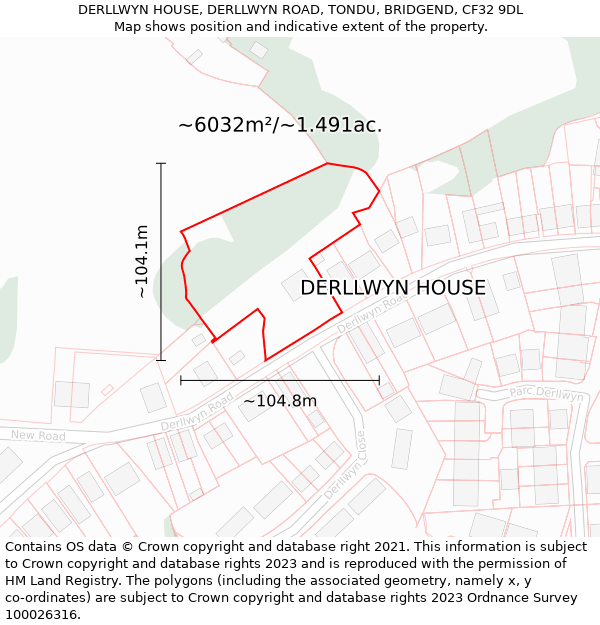DERLLWYN HOUSE, DERLLWYN ROAD, TONDU, BRIDGEND, CF32 9DL: Plot and title map