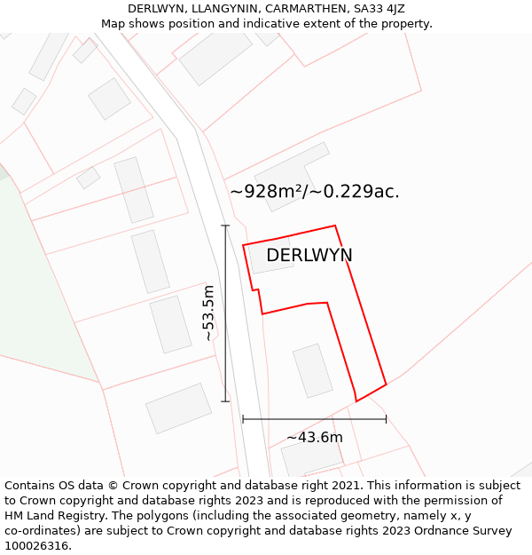 DERLWYN, LLANGYNIN, CARMARTHEN, SA33 4JZ: Plot and title map