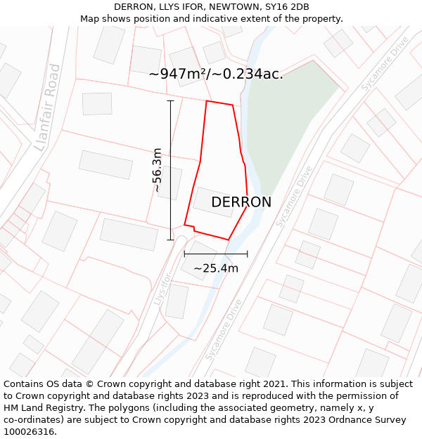 DERRON, LLYS IFOR, NEWTOWN, SY16 2DB: Plot and title map