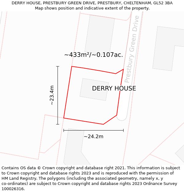 DERRY HOUSE, PRESTBURY GREEN DRIVE, PRESTBURY, CHELTENHAM, GL52 3BA: Plot and title map