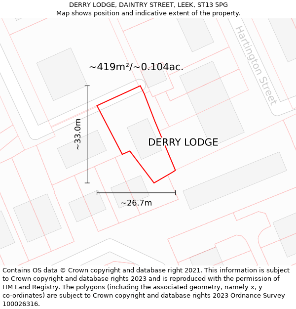 DERRY LODGE, DAINTRY STREET, LEEK, ST13 5PG: Plot and title map