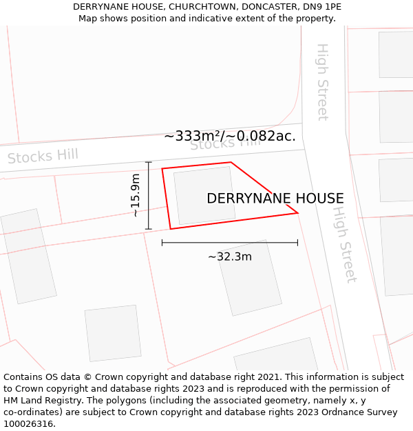 DERRYNANE HOUSE, CHURCHTOWN, DONCASTER, DN9 1PE: Plot and title map