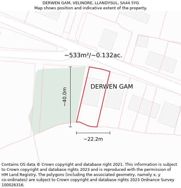 DERWEN GAM, VELINDRE, LLANDYSUL, SA44 5YG: Plot and title map