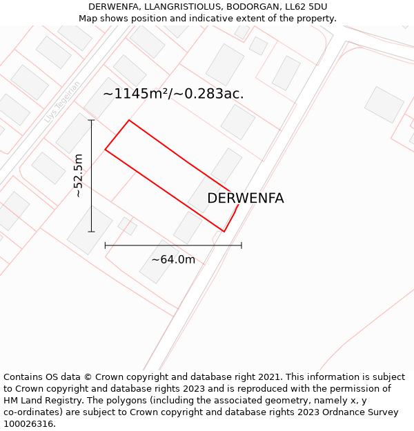 DERWENFA, LLANGRISTIOLUS, BODORGAN, LL62 5DU: Plot and title map