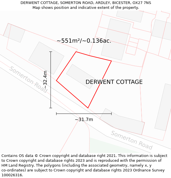 DERWENT COTTAGE, SOMERTON ROAD, ARDLEY, BICESTER, OX27 7NS: Plot and title map