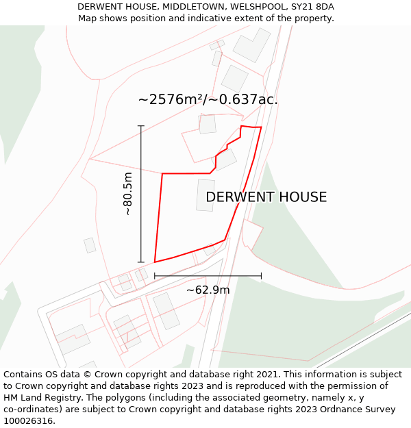 DERWENT HOUSE, MIDDLETOWN, WELSHPOOL, SY21 8DA: Plot and title map