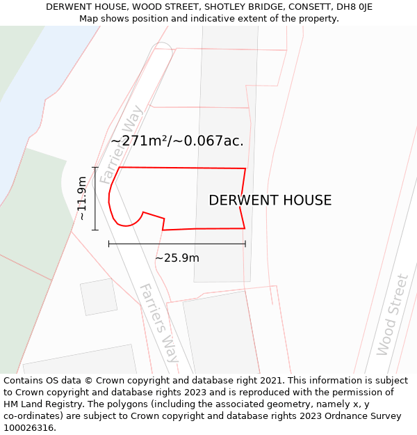 DERWENT HOUSE, WOOD STREET, SHOTLEY BRIDGE, CONSETT, DH8 0JE: Plot and title map