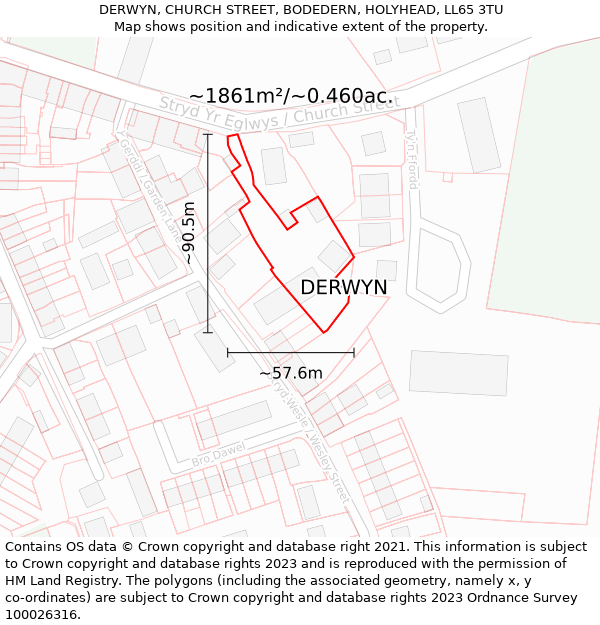 DERWYN, CHURCH STREET, BODEDERN, HOLYHEAD, LL65 3TU: Plot and title map