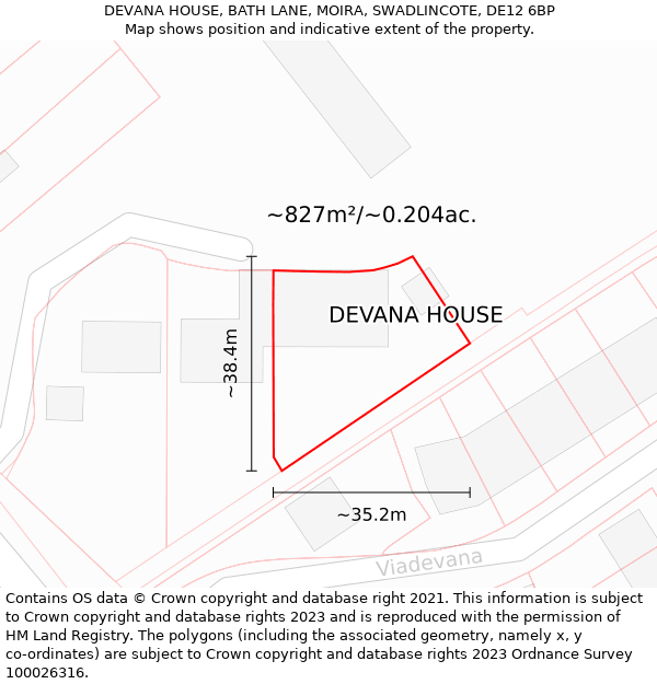 DEVANA HOUSE, BATH LANE, MOIRA, SWADLINCOTE, DE12 6BP: Plot and title map