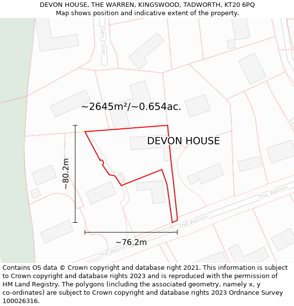 DEVON HOUSE, THE WARREN, KINGSWOOD, TADWORTH, KT20 6PQ: Plot and title map