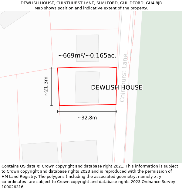 DEWLISH HOUSE, CHINTHURST LANE, SHALFORD, GUILDFORD, GU4 8JR: Plot and title map