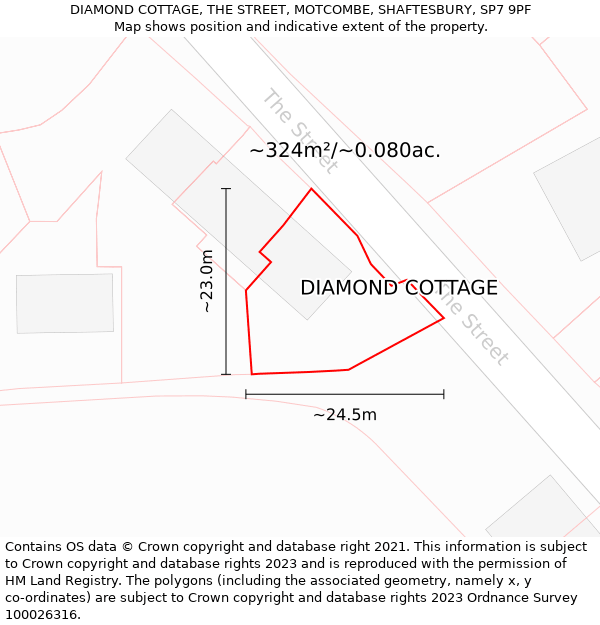 DIAMOND COTTAGE, THE STREET, MOTCOMBE, SHAFTESBURY, SP7 9PF: Plot and title map