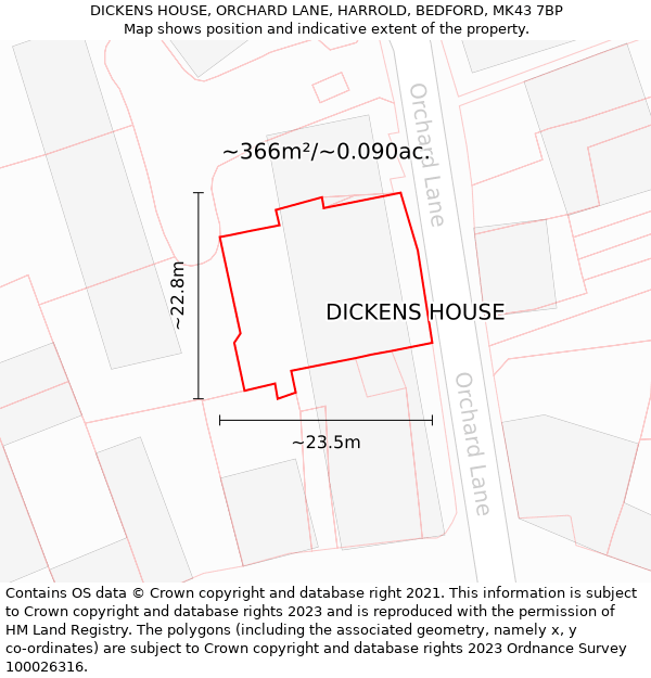 DICKENS HOUSE, ORCHARD LANE, HARROLD, BEDFORD, MK43 7BP: Plot and title map