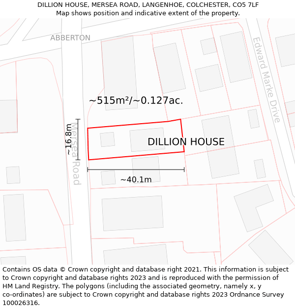 DILLION HOUSE, MERSEA ROAD, LANGENHOE, COLCHESTER, CO5 7LF: Plot and title map