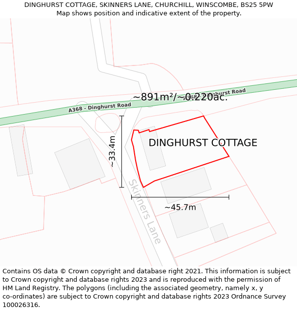 DINGHURST COTTAGE, SKINNERS LANE, CHURCHILL, WINSCOMBE, BS25 5PW: Plot and title map