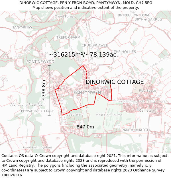 DINORWIC COTTAGE, PEN Y FRON ROAD, PANTYMWYN, MOLD, CH7 5EG: Plot and title map