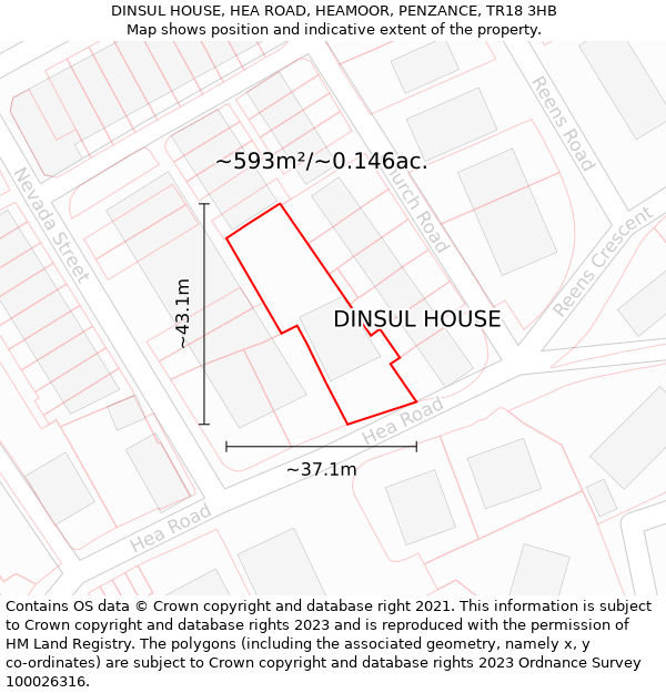 DINSUL HOUSE, HEA ROAD, HEAMOOR, PENZANCE, TR18 3HB: Plot and title map