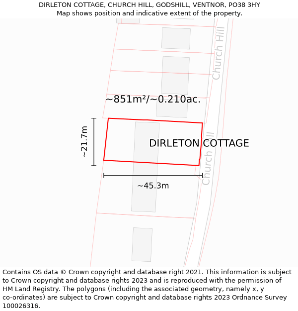 DIRLETON COTTAGE, CHURCH HILL, GODSHILL, VENTNOR, PO38 3HY: Plot and title map