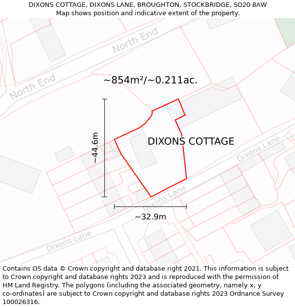 DIXONS COTTAGE, DIXONS LANE, BROUGHTON, STOCKBRIDGE, SO20 8AW: Plot and title map