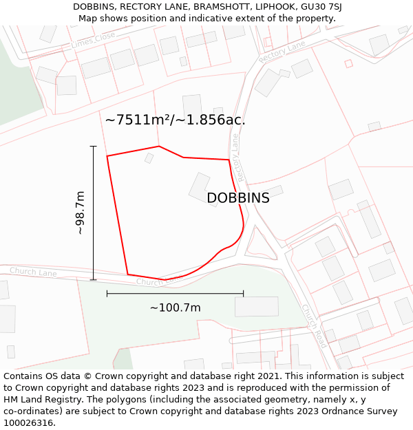 DOBBINS, RECTORY LANE, BRAMSHOTT, LIPHOOK, GU30 7SJ: Plot and title map