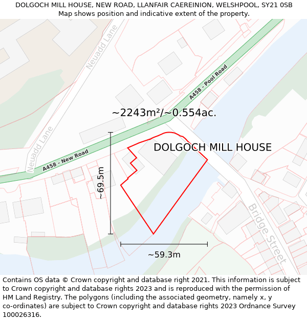 DOLGOCH MILL HOUSE, NEW ROAD, LLANFAIR CAEREINION, WELSHPOOL, SY21 0SB: Plot and title map