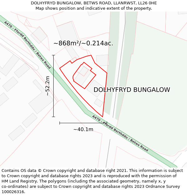 DOLHYFRYD BUNGALOW, BETWS ROAD, LLANRWST, LL26 0HE: Plot and title map