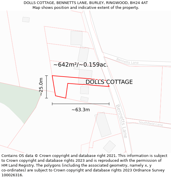 DOLLS COTTAGE, BENNETTS LANE, BURLEY, RINGWOOD, BH24 4AT: Plot and title map