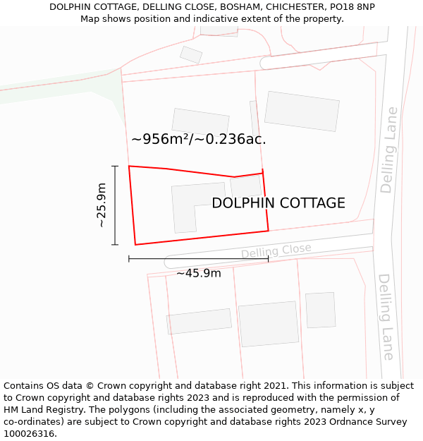 DOLPHIN COTTAGE, DELLING CLOSE, BOSHAM, CHICHESTER, PO18 8NP: Plot and title map
