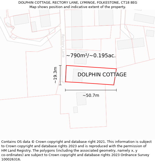 DOLPHIN COTTAGE, RECTORY LANE, LYMINGE, FOLKESTONE, CT18 8EG: Plot and title map