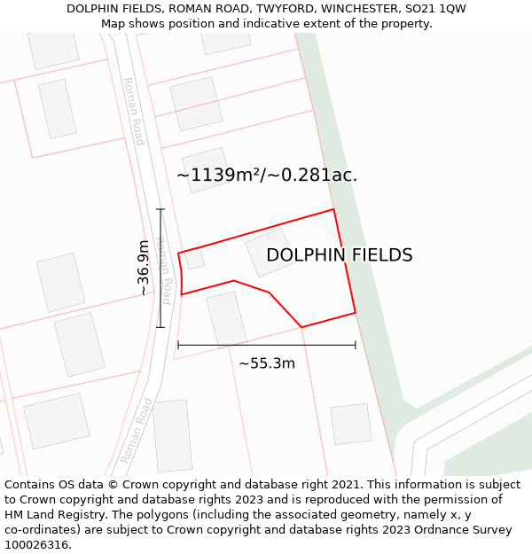 DOLPHIN FIELDS, ROMAN ROAD, TWYFORD, WINCHESTER, SO21 1QW: Plot and title map