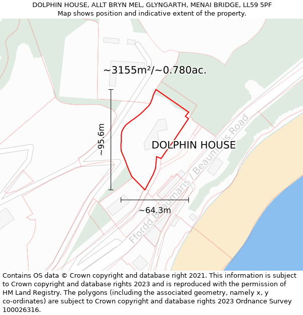 DOLPHIN HOUSE, ALLT BRYN MEL, GLYNGARTH, MENAI BRIDGE, LL59 5PF: Plot and title map