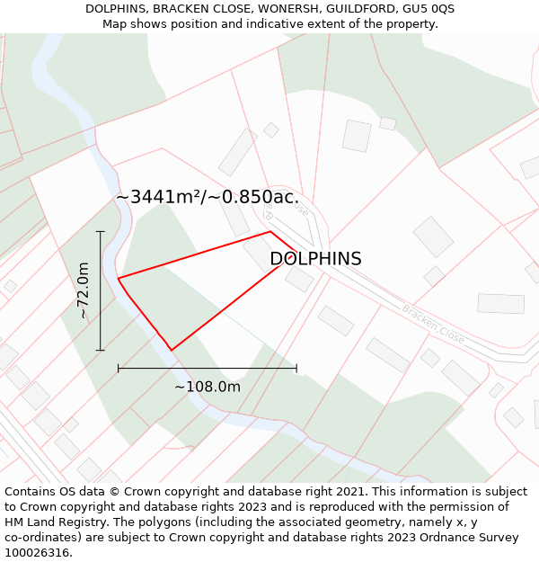 DOLPHINS, BRACKEN CLOSE, WONERSH, GUILDFORD, GU5 0QS: Plot and title map