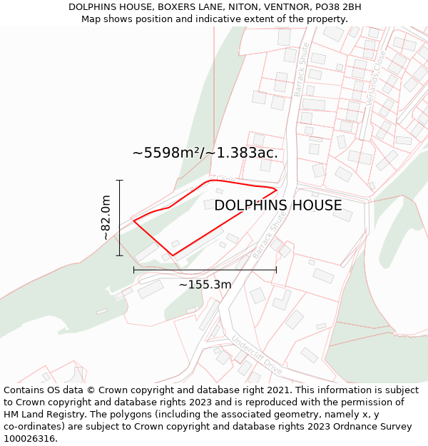 DOLPHINS HOUSE, BOXERS LANE, NITON, VENTNOR, PO38 2BH: Plot and title map