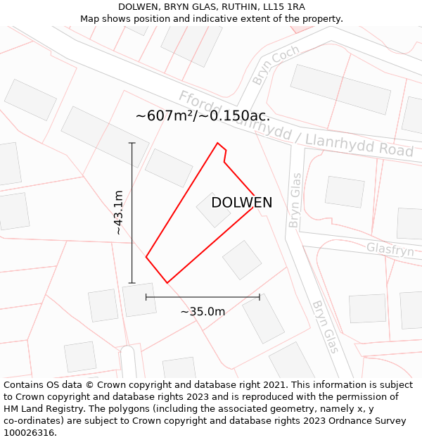 DOLWEN, BRYN GLAS, RUTHIN, LL15 1RA: Plot and title map