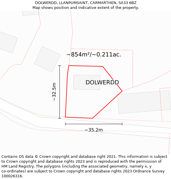 DOLWERDD, LLANPUMSAINT, CARMARTHEN, SA33 6BZ: Plot and title map