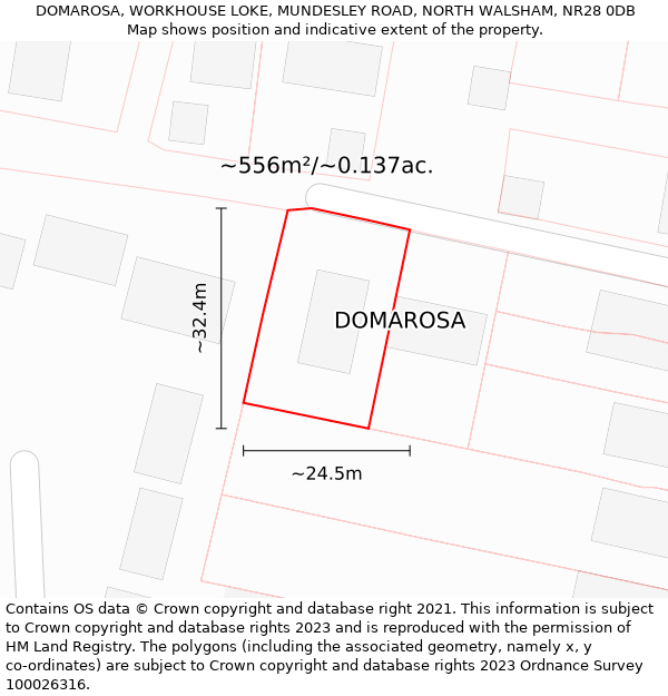 DOMAROSA, WORKHOUSE LOKE, MUNDESLEY ROAD, NORTH WALSHAM, NR28 0DB: Plot and title map