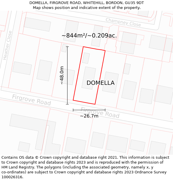 DOMELLA, FIRGROVE ROAD, WHITEHILL, BORDON, GU35 9DT: Plot and title map