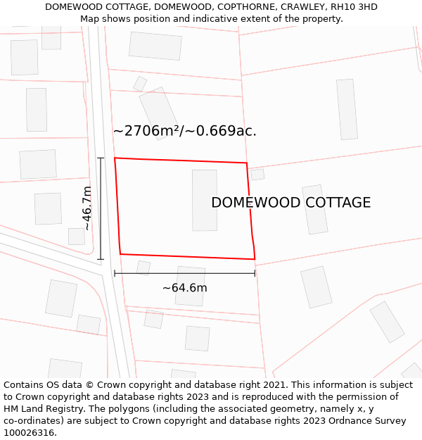 DOMEWOOD COTTAGE, DOMEWOOD, COPTHORNE, CRAWLEY, RH10 3HD: Plot and title map