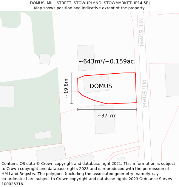 DOMUS, MILL STREET, STOWUPLAND, STOWMARKET, IP14 5BJ: Plot and title map