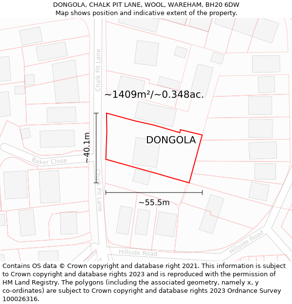 DONGOLA, CHALK PIT LANE, WOOL, WAREHAM, BH20 6DW: Plot and title map