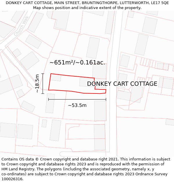 DONKEY CART COTTAGE, MAIN STREET, BRUNTINGTHORPE, LUTTERWORTH, LE17 5QE: Plot and title map