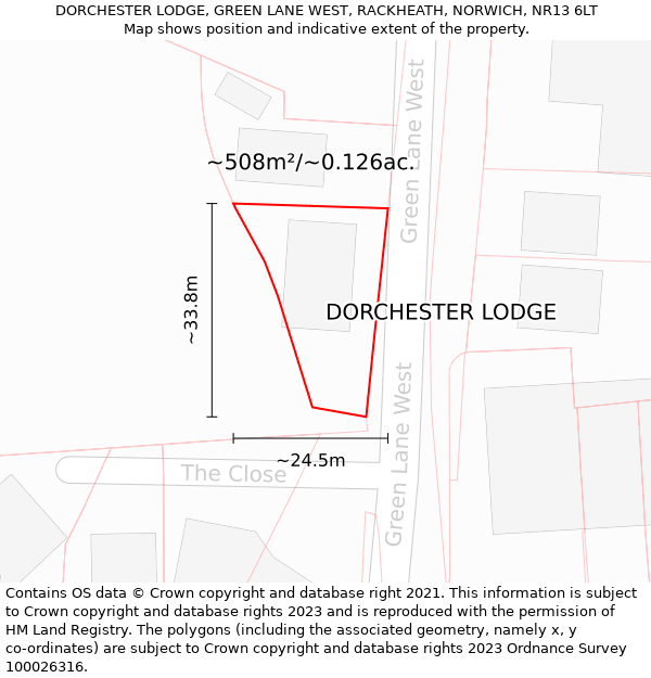 DORCHESTER LODGE, GREEN LANE WEST, RACKHEATH, NORWICH, NR13 6LT: Plot and title map