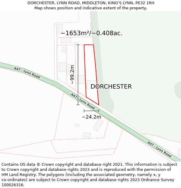 DORCHESTER, LYNN ROAD, MIDDLETON, KING'S LYNN, PE32 1RH: Plot and title map