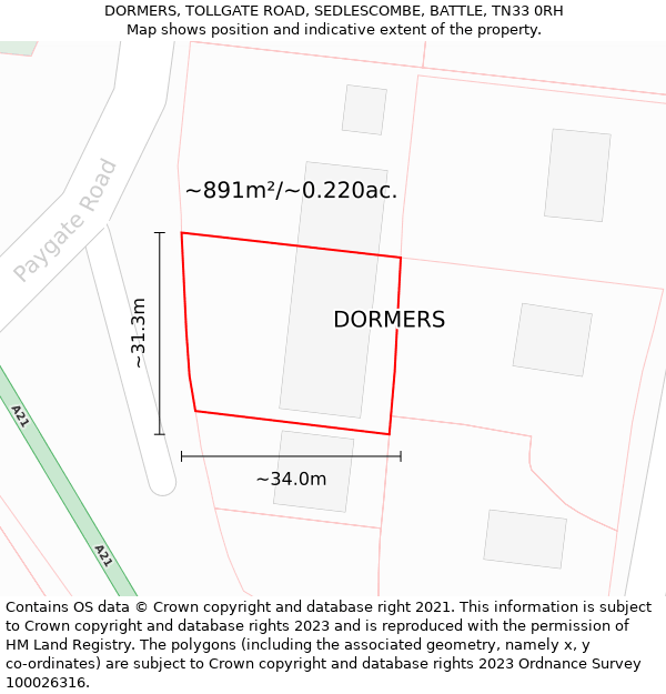 DORMERS, TOLLGATE ROAD, SEDLESCOMBE, BATTLE, TN33 0RH: Plot and title map