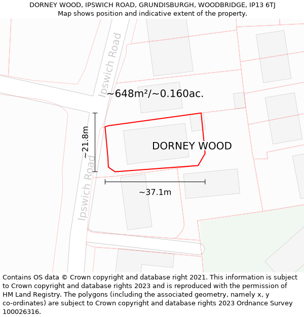 DORNEY WOOD, IPSWICH ROAD, GRUNDISBURGH, WOODBRIDGE, IP13 6TJ: Plot and title map