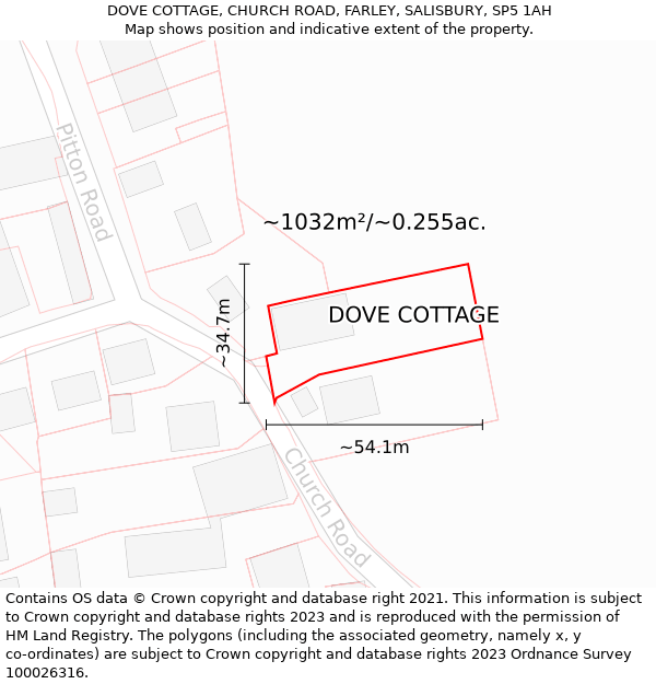 DOVE COTTAGE, CHURCH ROAD, FARLEY, SALISBURY, SP5 1AH: Plot and title map