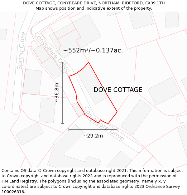 DOVE COTTAGE, CONYBEARE DRIVE, NORTHAM, BIDEFORD, EX39 1TH: Plot and title map