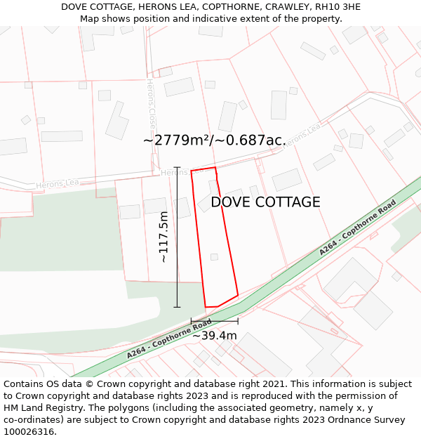 DOVE COTTAGE, HERONS LEA, COPTHORNE, CRAWLEY, RH10 3HE: Plot and title map