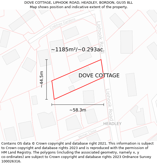 DOVE COTTAGE, LIPHOOK ROAD, HEADLEY, BORDON, GU35 8LL: Plot and title map