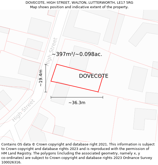 DOVECOTE, HIGH STREET, WALTON, LUTTERWORTH, LE17 5RG: Plot and title map